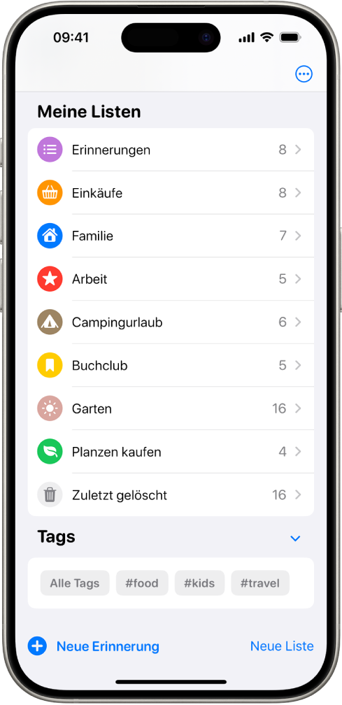 Die App „Erinnerungen“ mit mehreren Listen und der Tag-Übersicht unten.