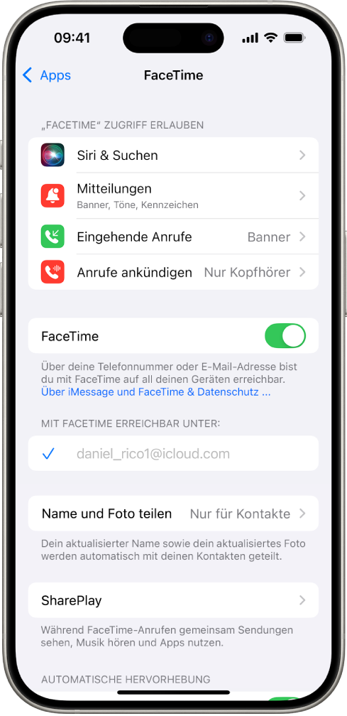 Der Bildschirm „Einstellungen“ in FaceTime mit Schaltern zum Aktivieren und Deaktivieren von FaceTime und einem Feld mit deinem Apple Account für FaceTime.