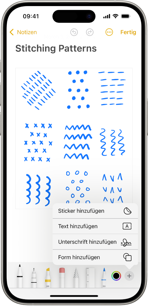 Unten in einer Notiz in der App „Notizen“ ist die Symbolleiste „Markieren“ geöffnet und die Taste „Hinzufügen“ ist rechts unten auf dem Bildschirm ausgewählt. Die folgenden Optionen sind im Menü „Hinzufügen“ verfügbar: „Sticker hinzufügen“, „Text hinzufügen“, „Unterschrift hinzufügen“ und „Form hinzufügen“.