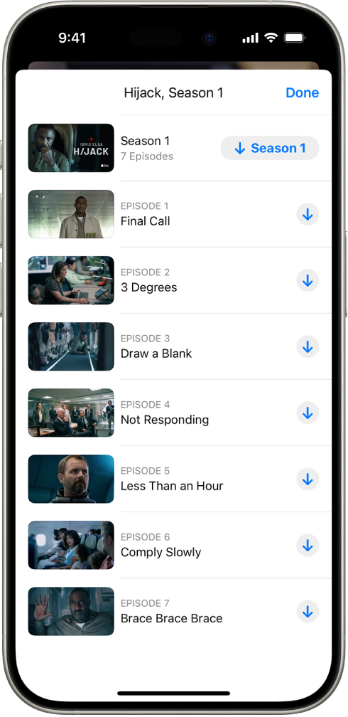 Η καρτέλα Apple TV+ όπου φαίνεται μια λίστα επεισοδίων ενός Apple Original. Τα κουμπιά για λήψη ολόκληρης της σεζόν και κάθε επεισόδιο εμφανίζονται στη δεξιά πλευρά της οθόνης.