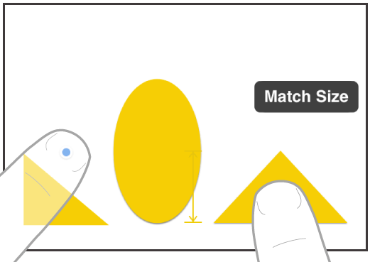 Two fingers on two hands selecting and matching the sizes of two items in Freeform.