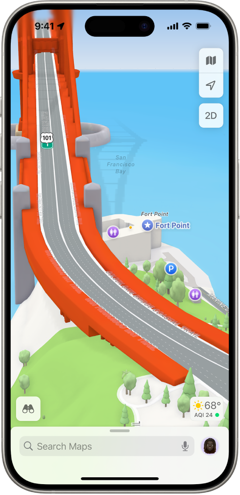 A 3D park map showing a bridge and a park.