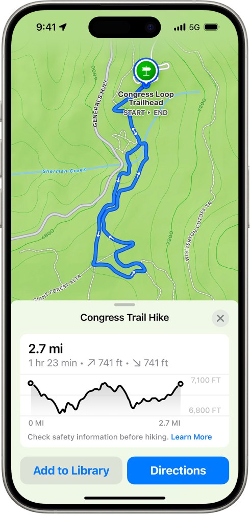 An overview of a downloadable hike, with distance, elevation profile, estimated time, and options to save or get directions to the start of the hike.