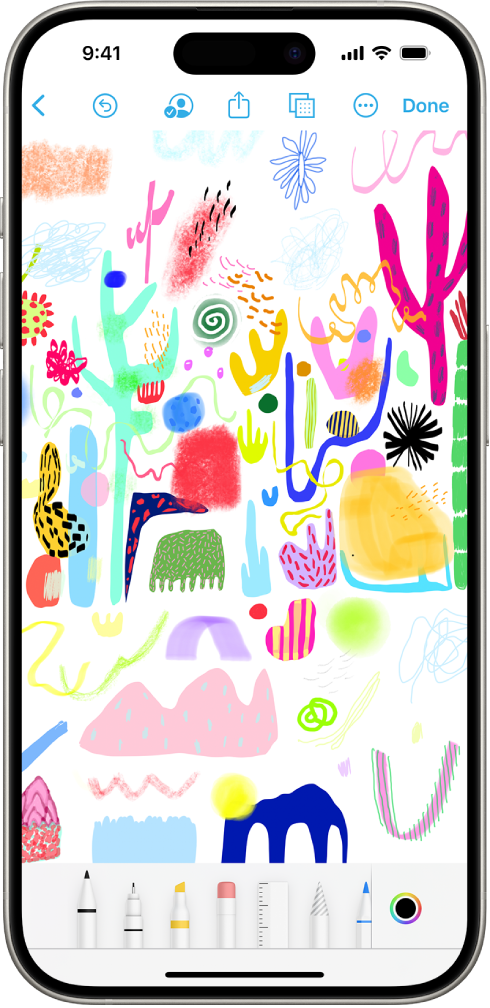 An iPhone with the Freeform app and its drawing tools menu open. The board includes handwriting and drawings.