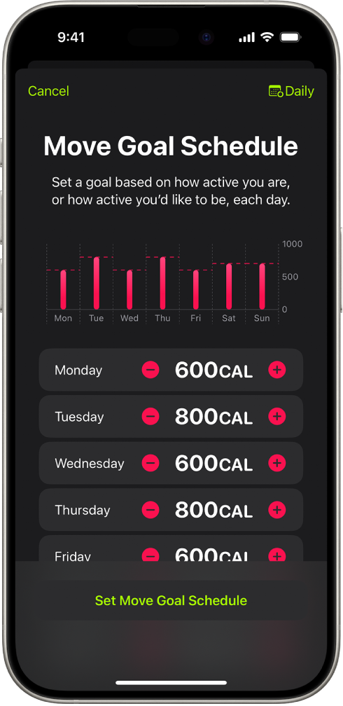 The Fitness Move Goal Schedule screen showing buttons to increase or decrease the Move goal by the day of the week.