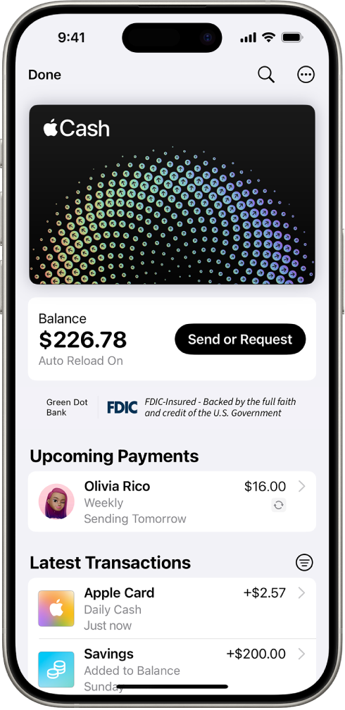 The Apple Cash card in Wallet, showing the More button at the top right, the current balance and the Send or Request button in the middle, and the latest transactions at the bottom.