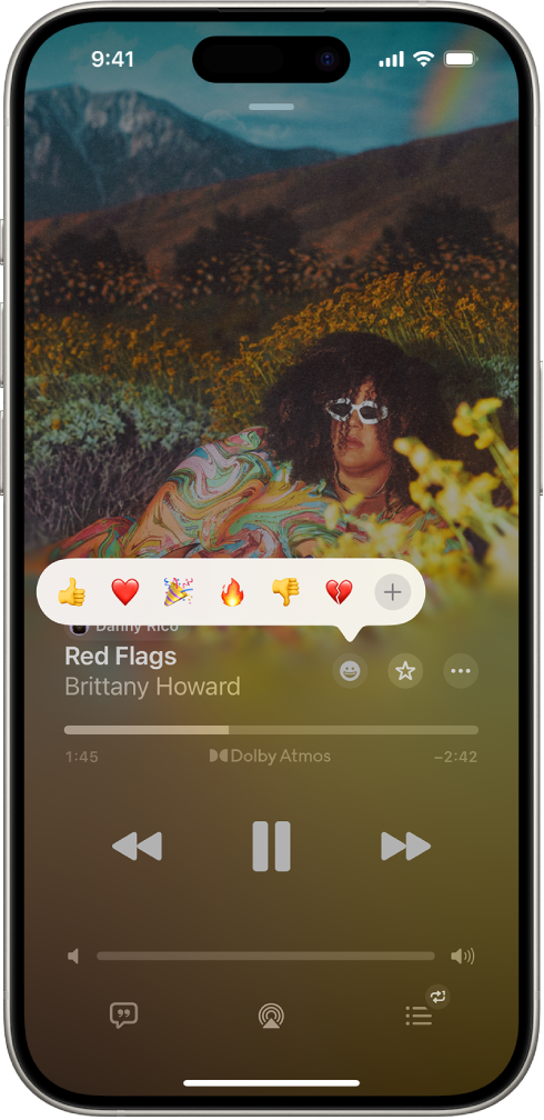 The Now Playing screen with the Reactions button showing several emoji and an Add button that you can click to find more emoji.