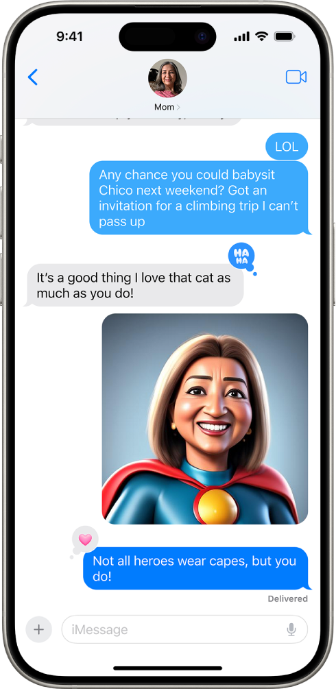 An iPhone showing a conversation in the Messages app. An image created with Image Playground appears in the middle of the screen.