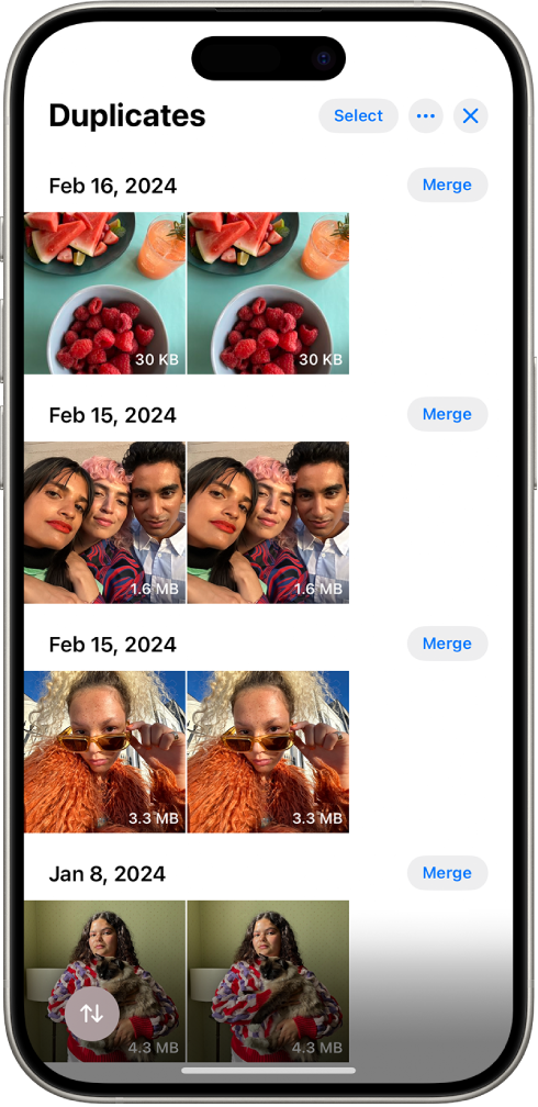 The Duplicates screen, showing duplicate photos next to each other. On the right side of the screen are Merge buttons to merge each pair of duplicate photos.