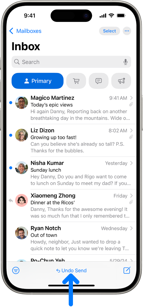 The Inbox, showing a list of messages. The Undo Send button (for pulling back a recently sent message) is in the center of the bottom of the screen.