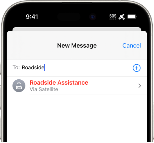 A new message addressed to “roadside.” Below it is a link for Roadside Assistance via satellite.