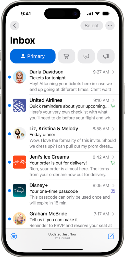 The Mail Inbox, showing a list of Primary messages.