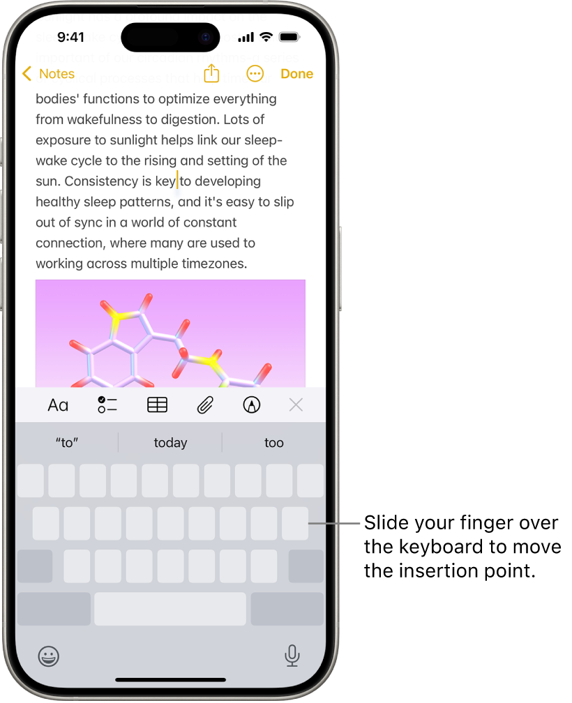 A document is open in the Notes app. The onscreen keyboard in the bottom half of the screen is in trackpad mode.