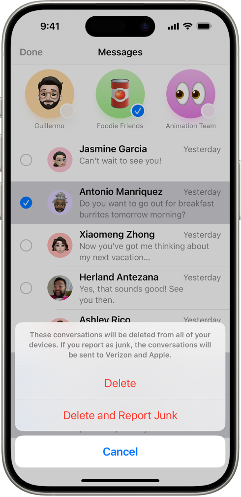 The Messages conversation list with several conversations selected, and two delete options available.