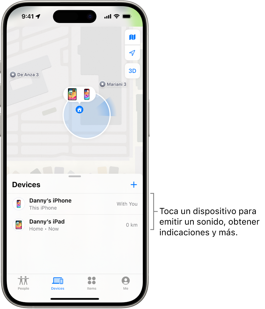 La pantalla de Encontrar abierta mostrando la lista Dispositivos. Se muestran dos dispositivos en la lista Dispositivos: iPhone de Alberto y iPad de Alberto Sus ubicaciones se muestran en un mapa.