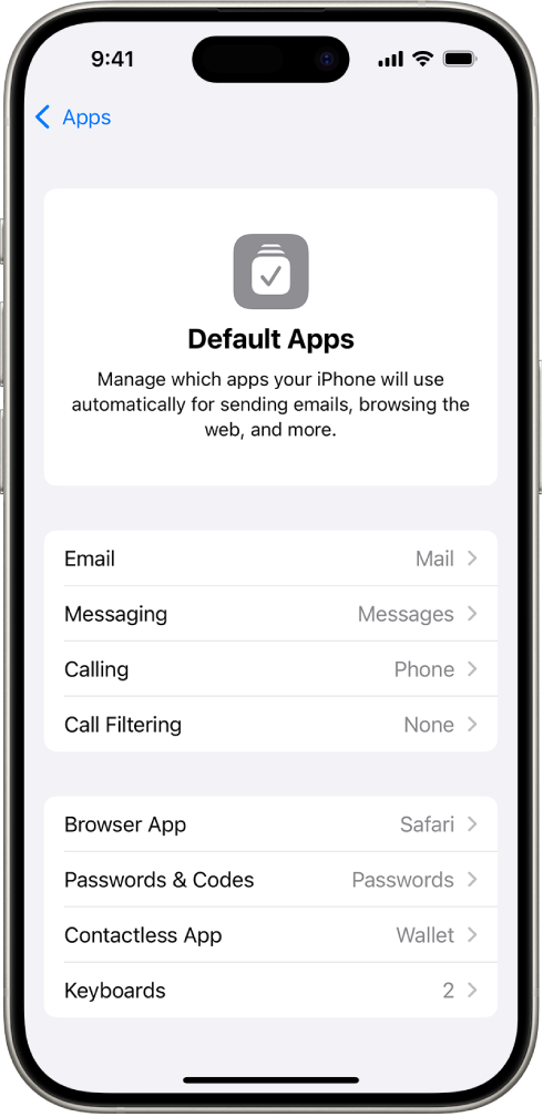 La pantalla para cambiar las apps predeterminadas para enviar correos, navegar por Internet y más.