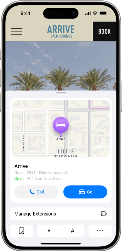 La app Safari mostrando el contenido destacado de un destino hotelero en Palm Springs, incluido un mapa, botones para llamar al hotel y obtener indicaciones, así como un enlace para hacer una reservación.