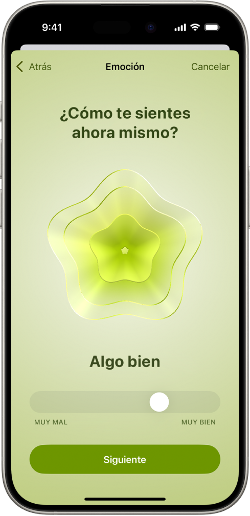 Pantalla en la app Salud donde se identifica el estado de ánimo actual como “Algo bien”. En la parte inferior de la pantalla hay un regulador para ajustar el nivel de la emoción.