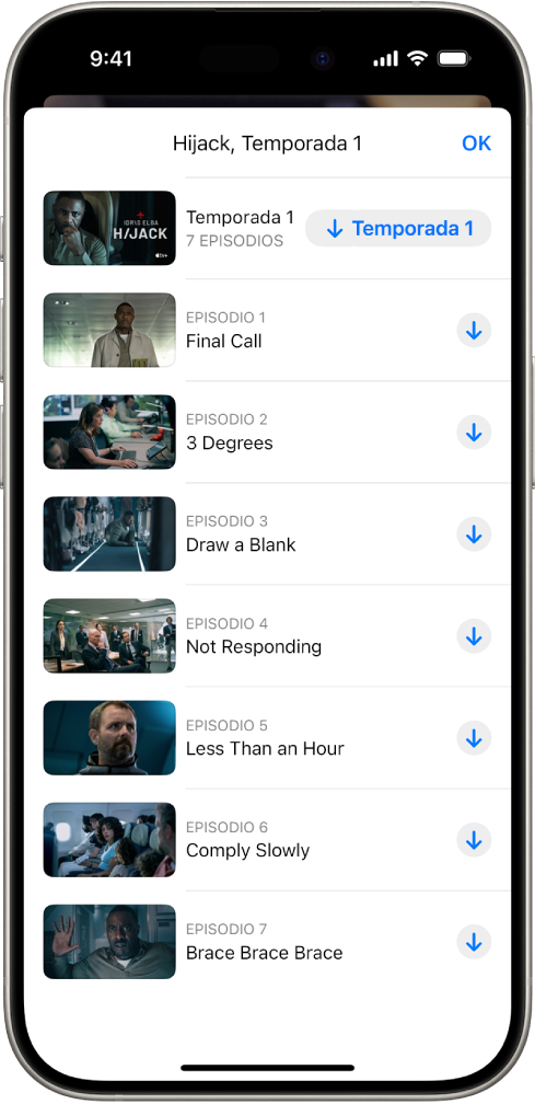 Pestaña Apple TV+ con una lista de episodios de una serie Apple Originals. Los botones para descargar toda la temporada y cada episodio aparecen en el lado derecho de la pantalla.
