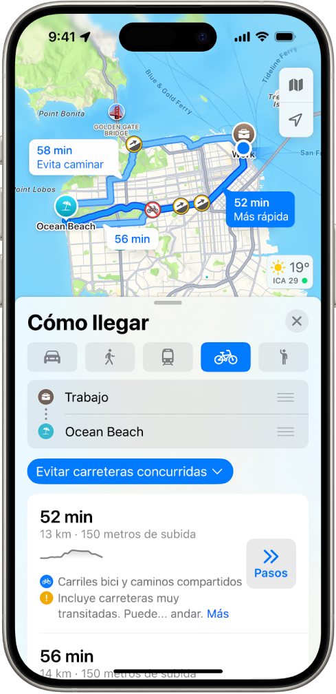 Mapa con opciones de rutas en bici. La tarjeta de ruta en la parte inferior proporciona detalles como los tiempos de desplazamiento estimados, los cambios de desnivel y los tipos de carretera. A la derecha de los detalles se muestra un botón Ir.