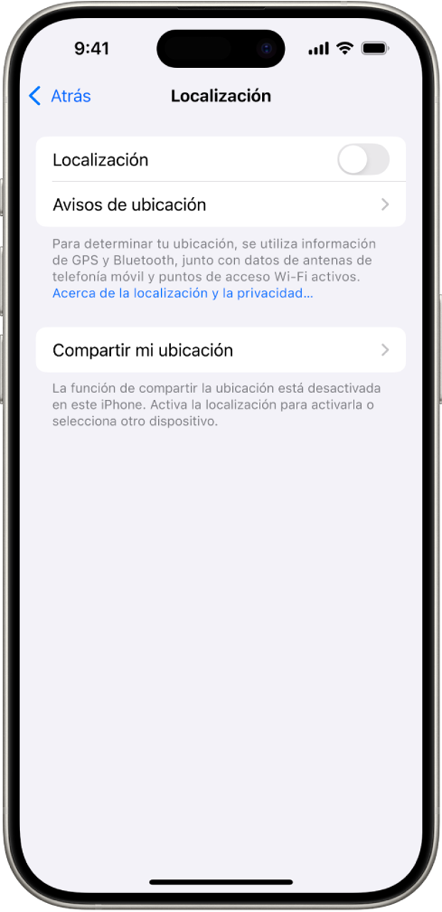 La pantalla Localización con ajustes para compartir la ubicación de tu iPhone con apps.