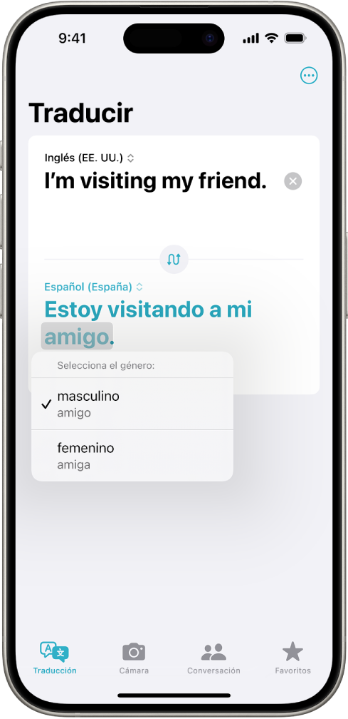 Pestaña Traducción con una frase traducida del inglés al español y, debajo, una palabra resaltada en gris con diferentes variaciones de género.