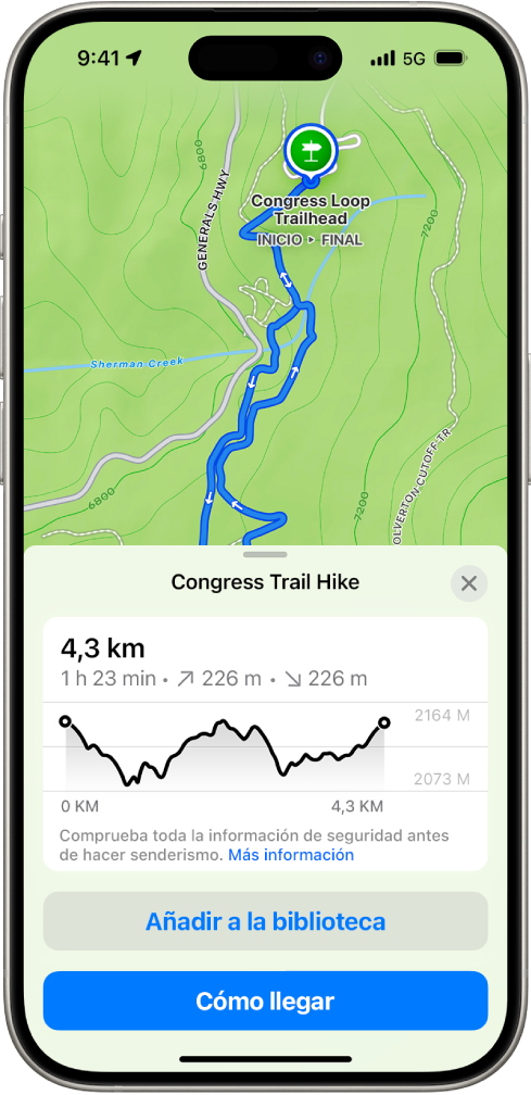 Mapa topográfico en la app Mapas con un camino de senderismo. En la parte inferior de la pantalla hay una gráfica de elevación y los botones “Añadir a la biblioteca” y Ruta.