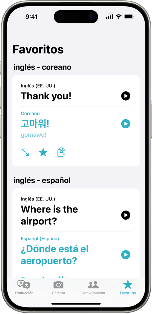 Pestaña Favoritos con frases guardadas traducidas del inglés al coreano y del inglés al español.