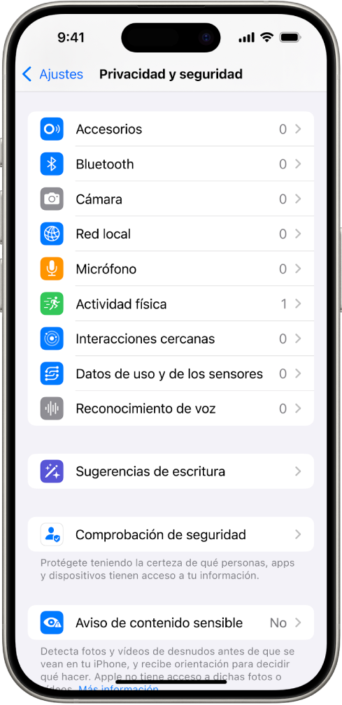 La pantalla “Privacidad y seguridad” con ajustes para controlar si las apps pueden utilizar la cámara, el micrófono y otros componentes del iPhone.