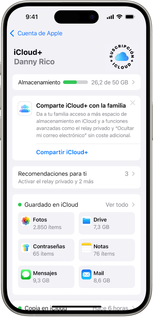 Pantalla de ajustes de iCloud con el medidor de almacenamiento en iCloud y una lista de apps y servicios que se pueden usar con iCloud.