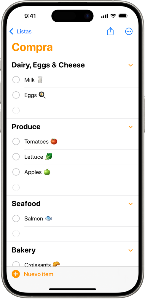 La app Recordatorios con una lista de la compra con ítems ordenados por categorías como “Productos frescos” y Pescado.