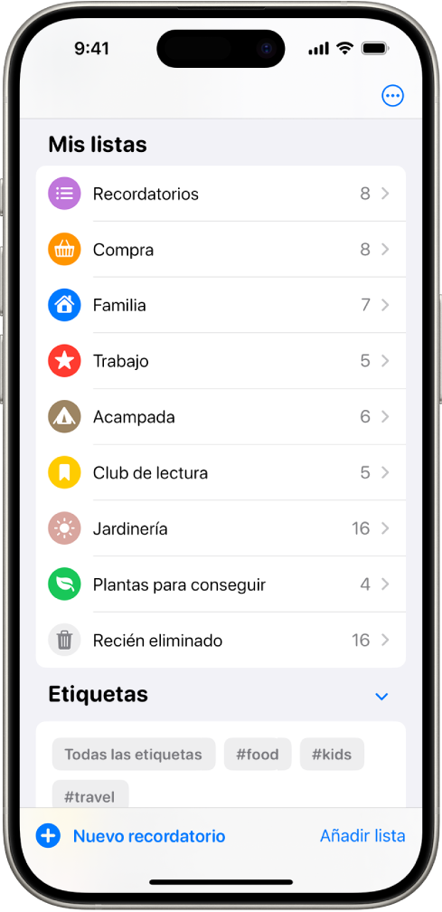 La app Recordatorios con varias listas y el explorador de etiquetas en la parte inferior.