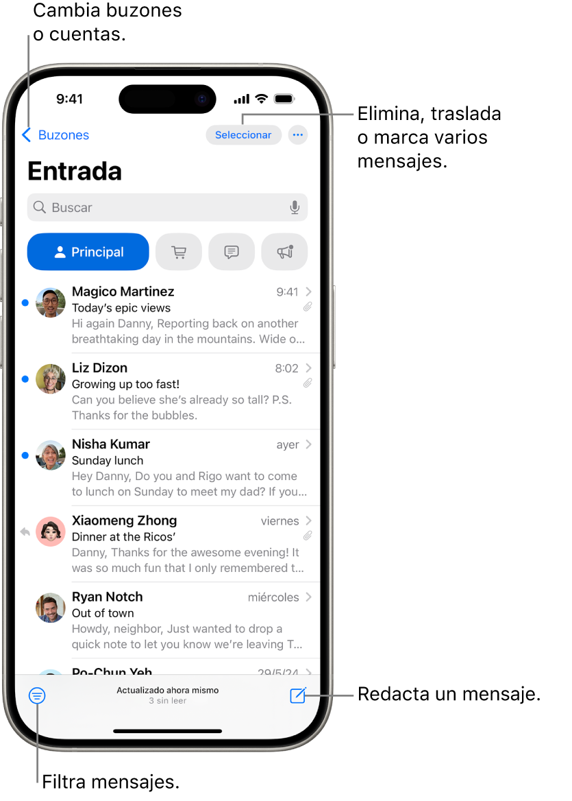 El buzón de entrada de la app Mail, con una lista de correos electrónicos.