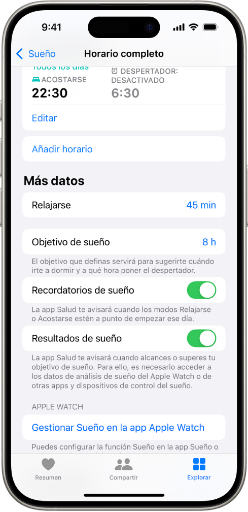 La parte “Más datos” de la pantalla “Horario completo”.