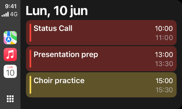 CarPlay con las apps Mapas, Música y Calendario en la barra lateral. A la derecha se muestran los eventos del lunes, 5 de junio: sesión de trabajo, taller sobre habilidades de liderazgo, preparación de la presentación y ensayo del coro.