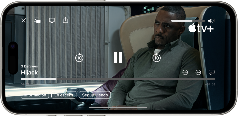 Serie reproduciéndose con los controles visibles. Los botones Cerrar, imagen dentro de imagen, AirPlay y Compartir están arriba a la izquierda. El regulador de volumen se encuentra en la parte superior derecha. En el centro están los botones para retroceder y avanzar 10 segundos y el botón de pausa. En la parte central del margen inferior hay un regulador que puedes arrastrar para ajustar la posición del vídeo: el tiempo de reproducción transcurrido y el restante se muestran a cada lado de la línea del regulador. En la parte inferior derecha están los botones Información, “En escena” y “Seguir viendo”.