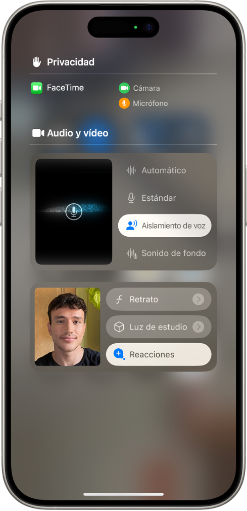 Ajustes del centro de control para llamadas de FaceTime, con los ajustes de audio Automático, Estándar, “Aislamiento de voz” y “Sonido de fondo”.