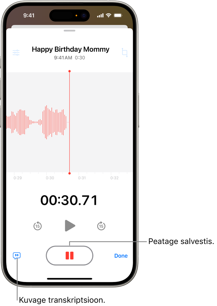 Rakenduse Voice Memos salvestis, kus kuvatakse poolelioleva salvestise lainekuju koos ajaindikaatoriga ning nupuga salvestamise peatamiseks.