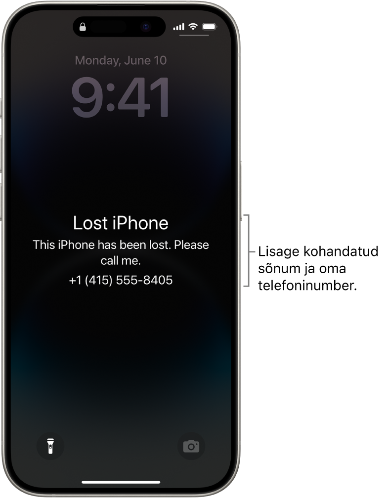 iPhone'i Lock Screen-kuva koos kadunud iPhone’i sõnumiga. Saate lisada kohandatud sõnumi koos oma telefoninumbriga.