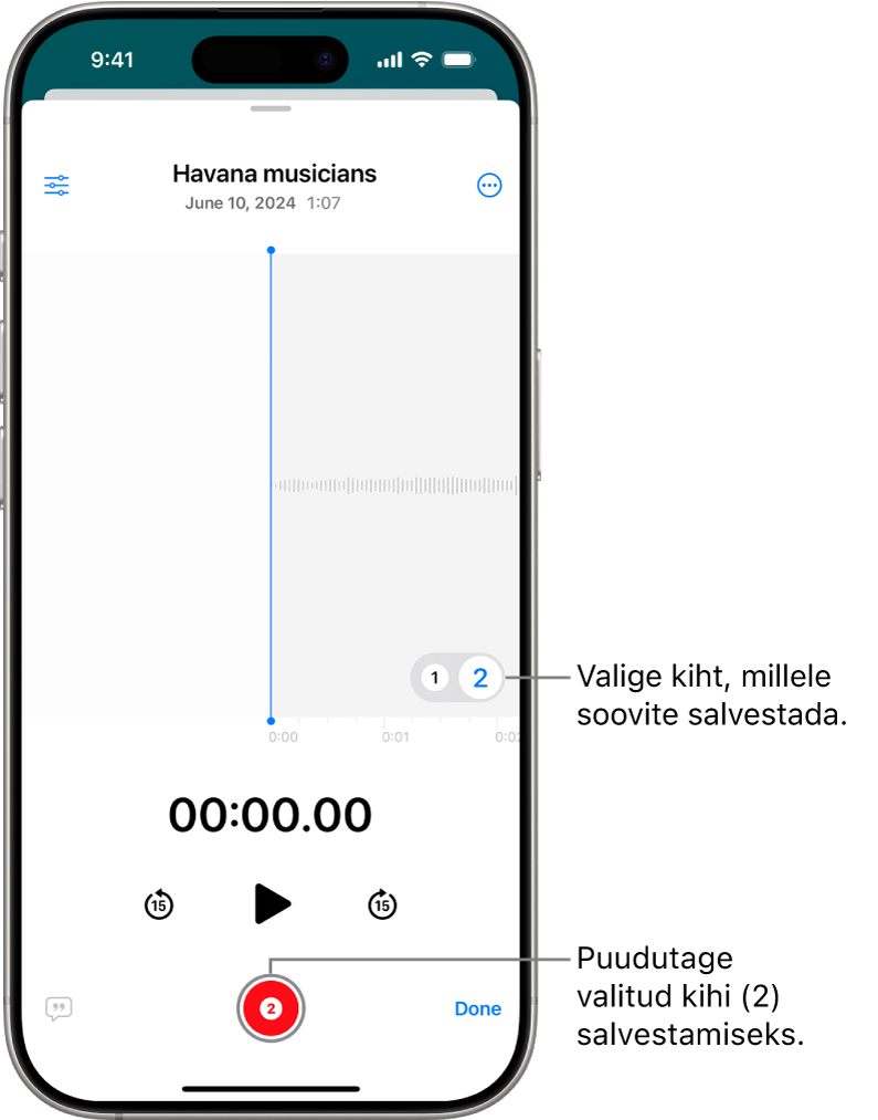 Teise kihi salvestamise kuva rakenduses Voice Memos.