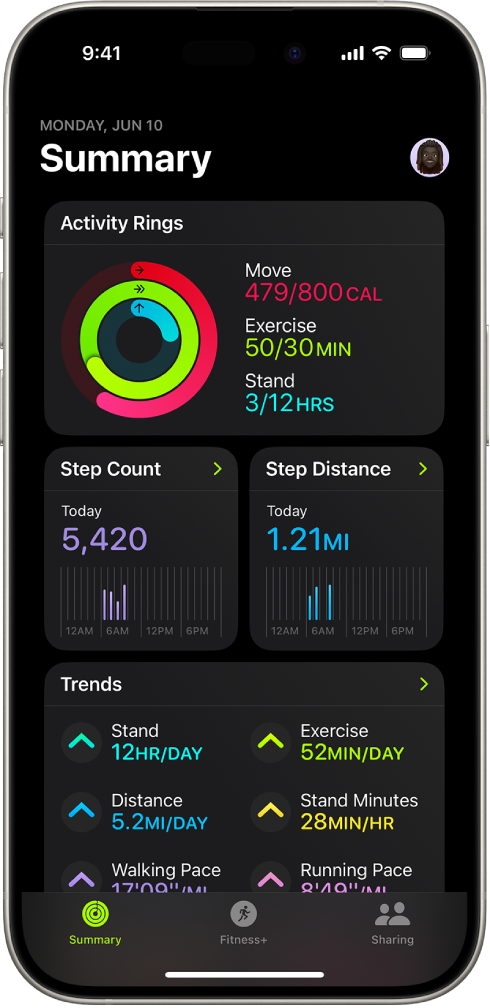 Rakenduse Fitness kuva Summary, milles on alad Activity Rings, Step Count, Step Distance ja Trends.