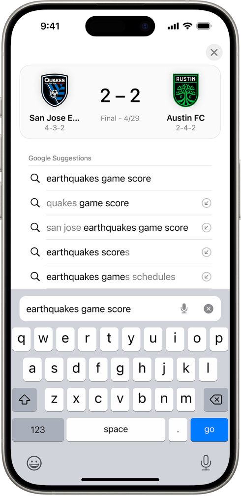 Safarin hakunäyttö ja näytöllä oleva näppäimistö näytön alareunassa. Näppäimistön yläpuolella on hakukentässä teksti “earthquakes game score”.