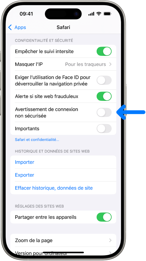 La commande Avertissement de connexion non sécurisée, située sous Confidentialité et sécurité sur l’écran Safari de Réglages.