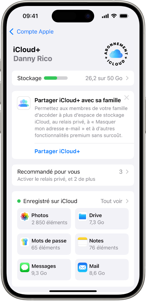 L’écran des réglages iCloud montrant l’indicateur d’espace de stockage d’iCloud et une liste d’apps et de fonctionnalités pouvant être utilisées avec iCloud, notamment Photos, iCloud Drive et Mail iCloud.