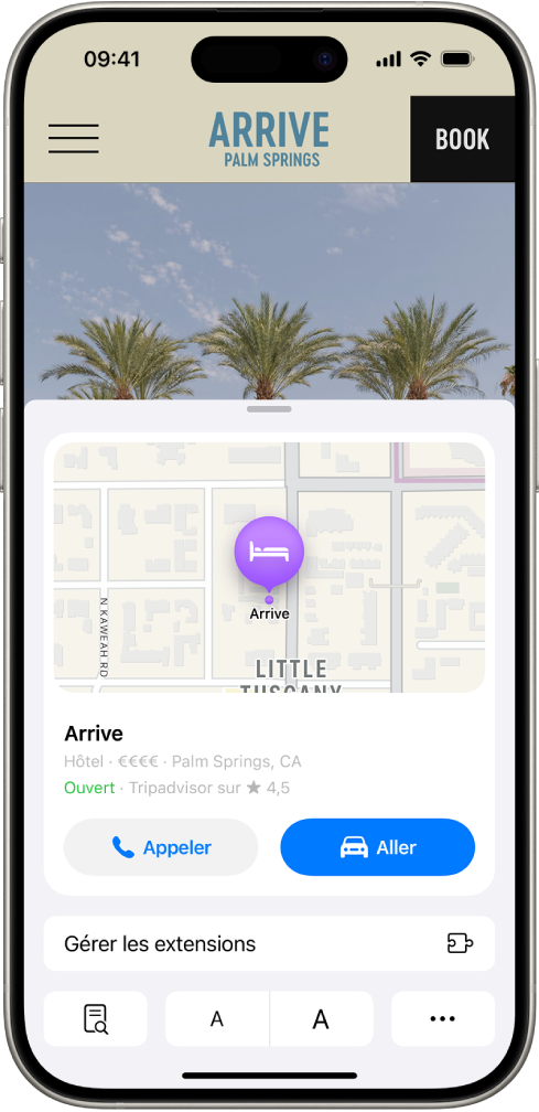 L’app Safari affichant des informations importantes sur un hôtel à Palm Springs, avec notamment une carte, des boutons permettant d’appeler l’hôtel et d’obtenir un itinéraire, ainsi qu’un lien pour effectuer une réservation.