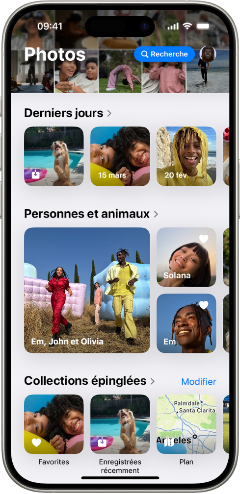 L’app Photos est ouverte. Le haut de l’écran montre la photothèque sous forme de grille. En bas de l’écran se trouvent la collection « Derniers jours », la collection « Personnes et animaux » ainsi que les collections épinglées.