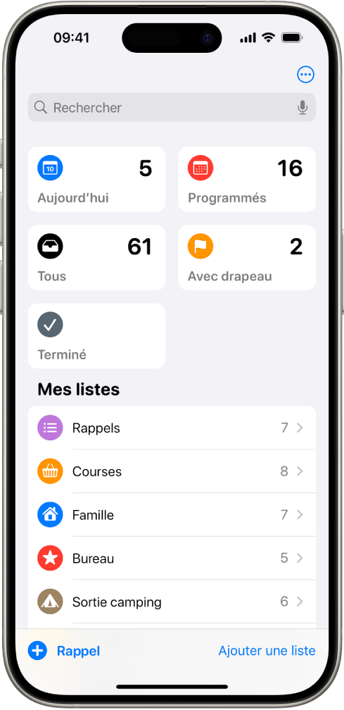Un écran de Rappels avec le champ de recherche en haut de l’écran et plusieurs listes en dessous.