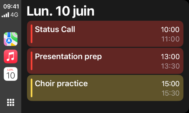 CarPlay affichant Plans, Musique et Calendrier dans la barre latérale. À droite se trouvent les évènements du lundi 5 juin : séance de travail sur le portefeuille, atelier sur les compétences de leadership, préparation de la présentation et répétition de la chorale.