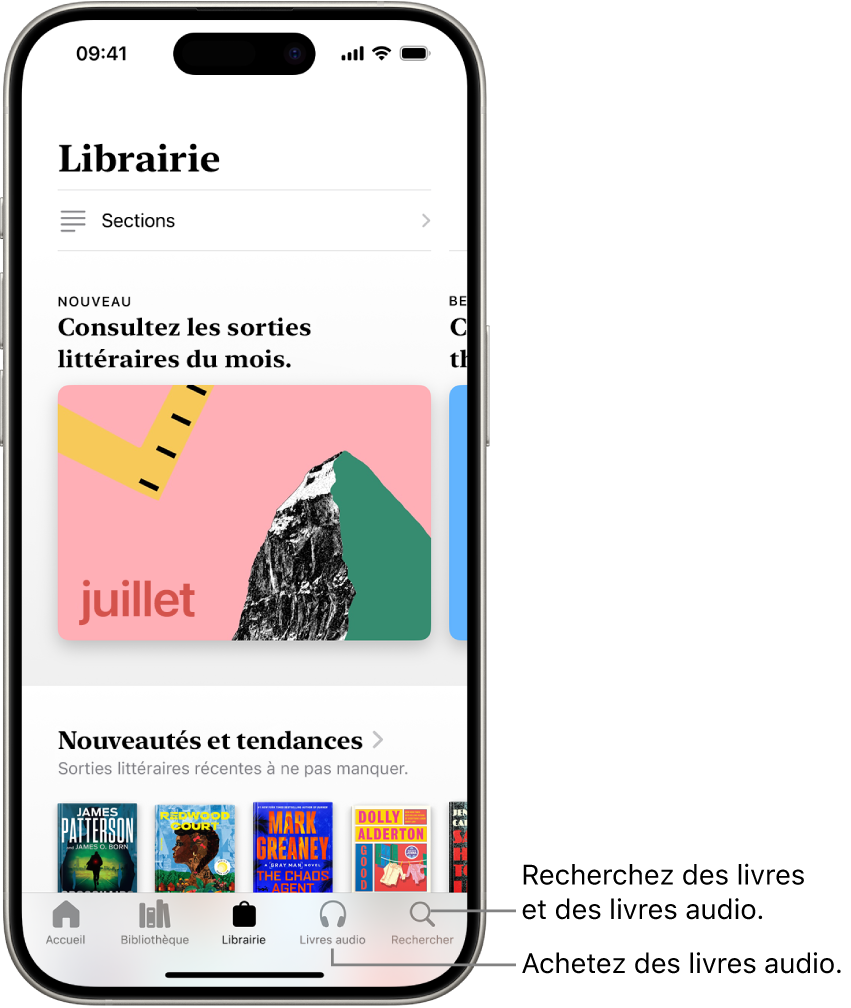 L’écran Librairie dans l’app Livres. En bas de l’écran se trouvent, de gauche à droite, les onglets Accueil, Bibliothèque, Librairie, Livres audio et Rechercher. L’onglet Librairie est sélectionné.