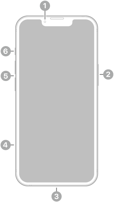 La vue de face de l’iPhone 13. La caméra avant se trouve en haut au centre. Le bouton latéral est situé sur le côté droit. Le connecteur Lightning se trouve en bas. Sur le côté gauche, de bas en haut, se trouvent le support pour carte SIM, les boutons de volume et le bouton Sonnerie/Silence.